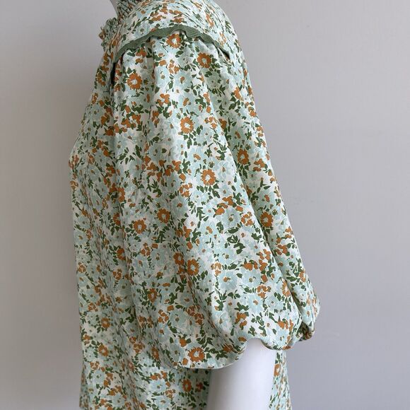 Umgee 1XL Green Floral Blouse Puff Sleeves Boho Shabby Cottage Chic Top Popover - Picture 5 of 12